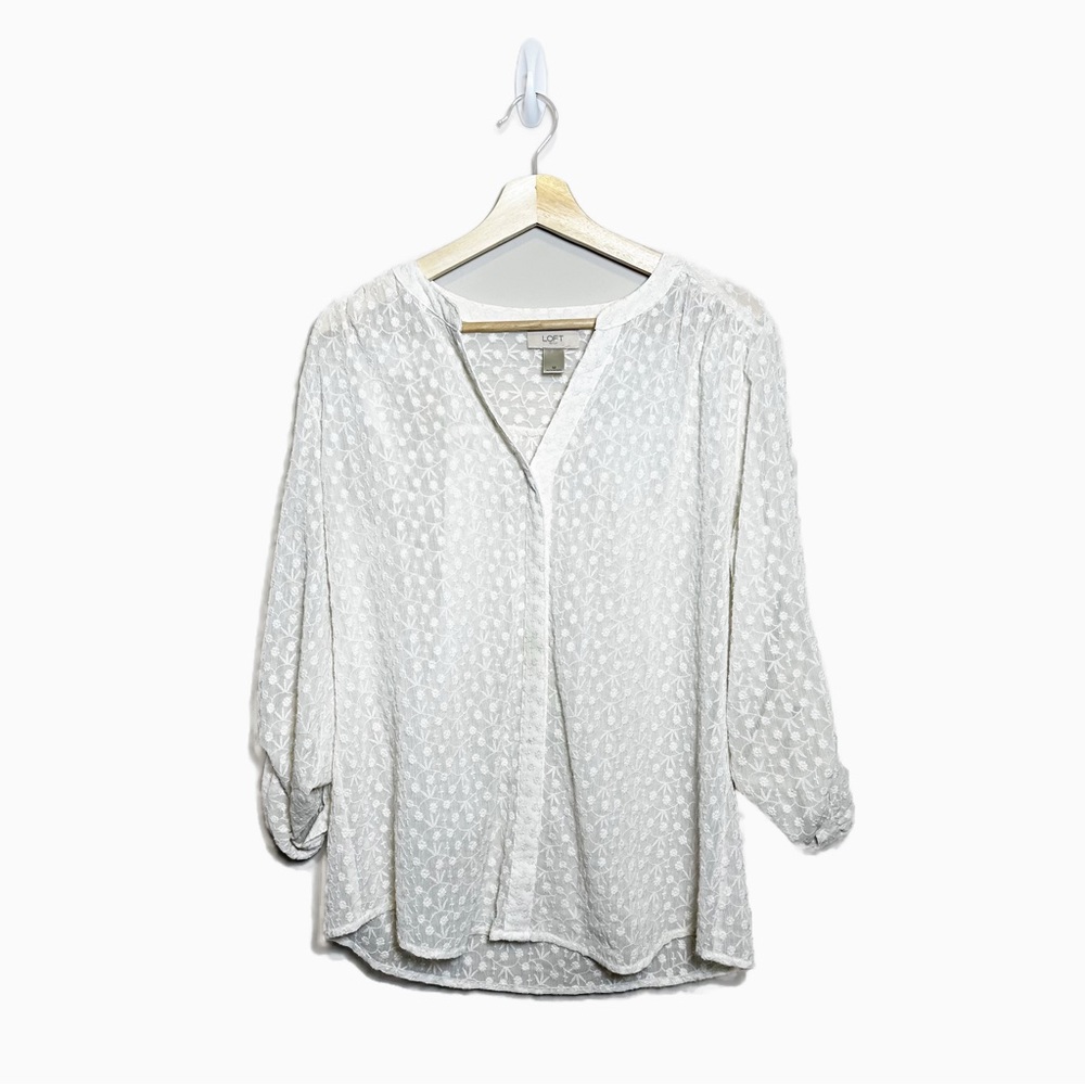 Loft White Cream Sheer Floral Long Sleeve Blouse